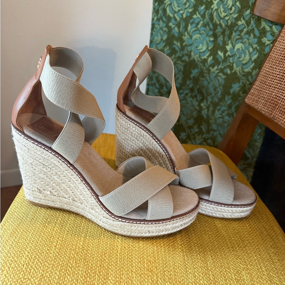 Tory Burch Beige and Tan Wedge Sandals